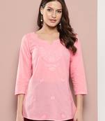  peach chikankari striped regular top