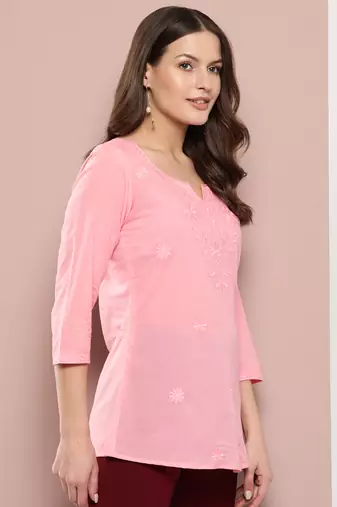  peach chikankari striped regular top