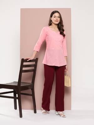  peach chikankari striped regular top 5