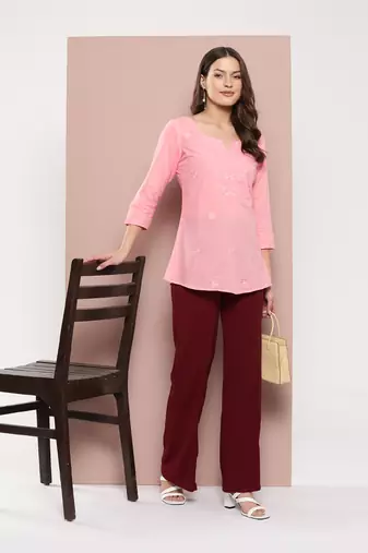  peach chikankari striped regular top