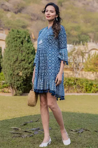  blue pure cotton ethnic motifs less border tassels were dress