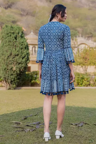  blue pure cotton ethnic motifs less border tassels were dress