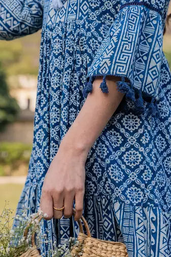  blue pure cotton ethnic motifs less border tassels were dress