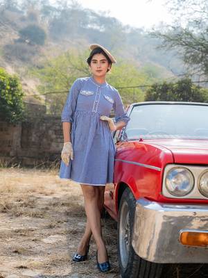  blue cotton check short dress 1