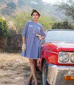  blue cotton check short dress