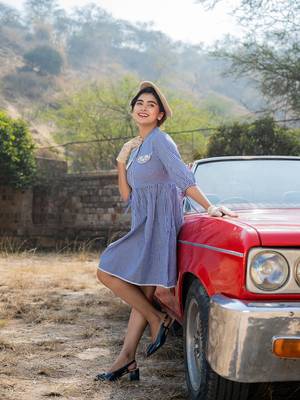  blue cotton check short dress 2