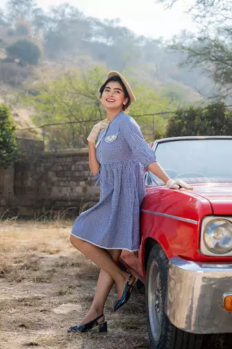  blue cotton check short dress
