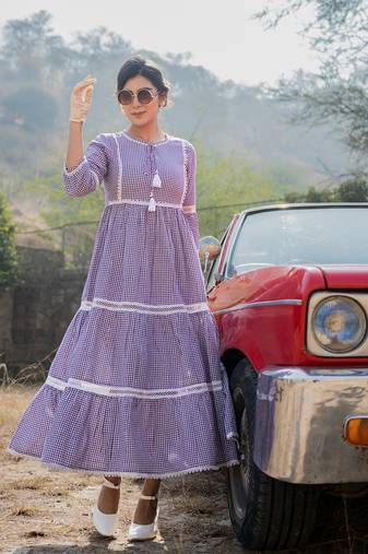  purple cotton check tiered dress