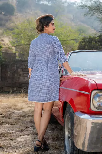  blue cotton check short dress