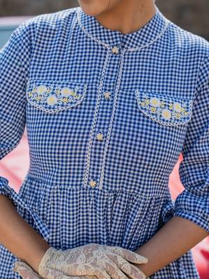  blue cotton check short dress 4