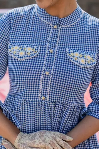  blue cotton check short dress
