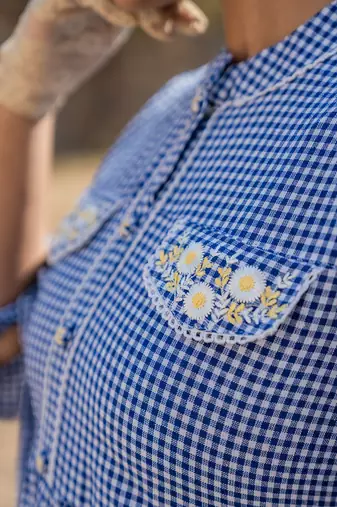  blue cotton check short dress