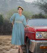  teal green cotton check comes with a belt dress