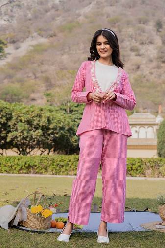  pink cotton checks print shawl neck co-ord set with embroidery