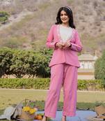  pink cotton checks print shawl neck co-ord set with embroidery