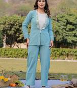  weaved cotton checks print shawl neck co-ord set with embroidery