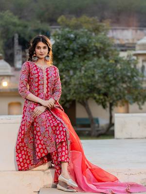  red floral print anarkali kurta trouser and dupatta set 1