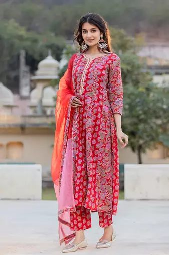  red floral print anarkali kurta trouser and dupatta set