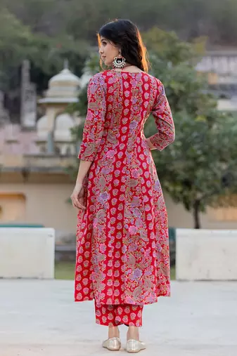  red floral print anarkali kurta trouser and dupatta set