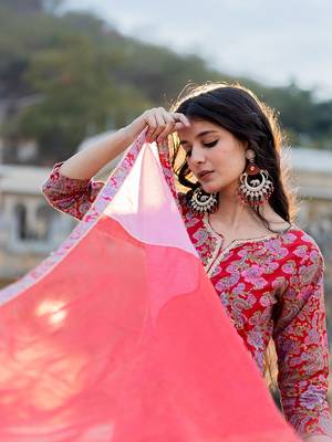  red floral print anarkali kurta trouser and dupatta set 4