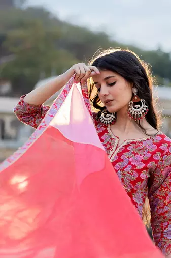  red floral print anarkali kurta trouser and dupatta set