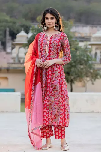 red floral print anarkali kurta trouser and dupatta set