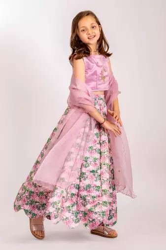 Pink dull satin & organza  lehenga set