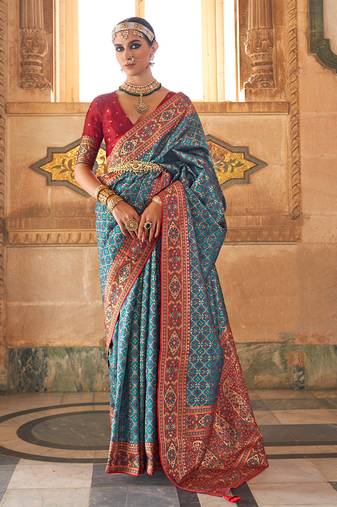 Blue Colour Banarasi silk blend Printed Woven Saree With Blouse