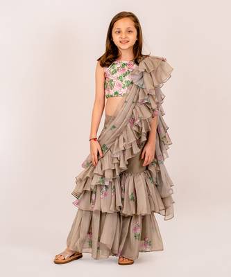 Green dull satin & organza  sharara ruffle saree & blouse set 1