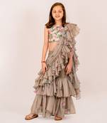 Green dull satin & organza  sharara ruffle saree & blouse set