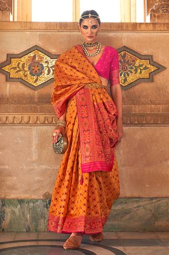 Amber Colour Banarasi silk blend Printed Woven Saree With Blouse