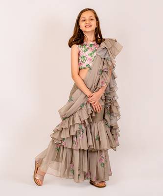 Green dull satin & organza  sharara ruffle saree & blouse set 2