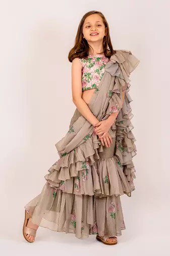 Green dull satin & organza  sharara ruffle saree & blouse set