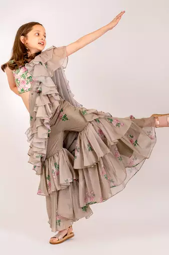 Green dull satin & organza  sharara ruffle saree & blouse set