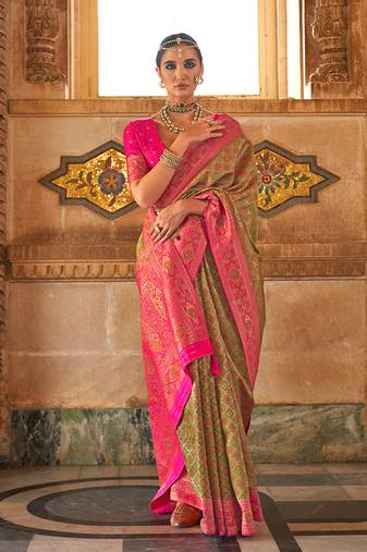 Olive Colour Banarasi silk blend Printed Woven Saree With Blouse