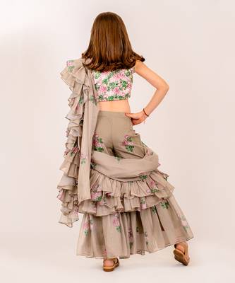 Green dull satin & organza  sharara ruffle saree & blouse set 5