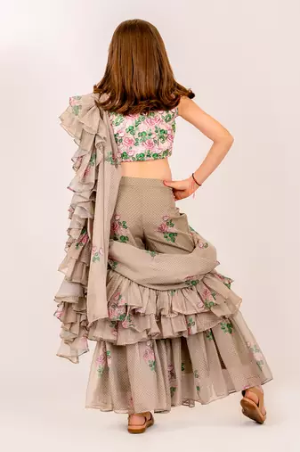 Green dull satin & organza  sharara ruffle saree & blouse set