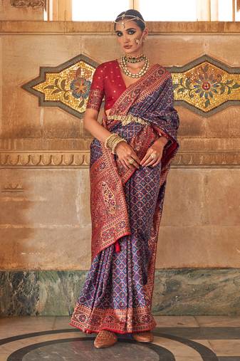 Navy Blue Colour Banarasi silk blend Printed Woven Saree With Blouse