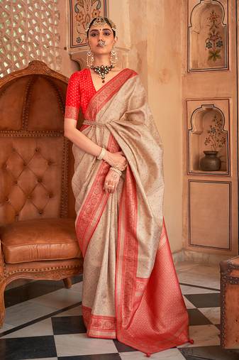 Beige & red color Banarasi silk blend woven saree with blouse