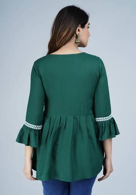 Green floral embroidered rayon bell sleeves flared top 2