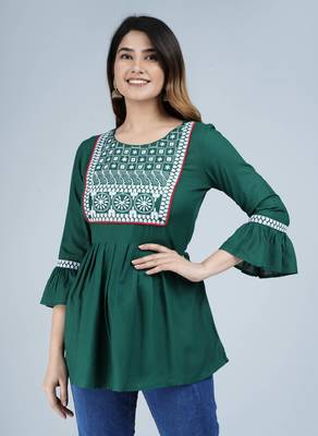 Green floral embroidered rayon bell sleeves flared top 1