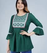 Green floral embroidered rayon bell sleeves flared top
