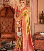 Mustard & red color Banarasi silk blend woven saree with blouse