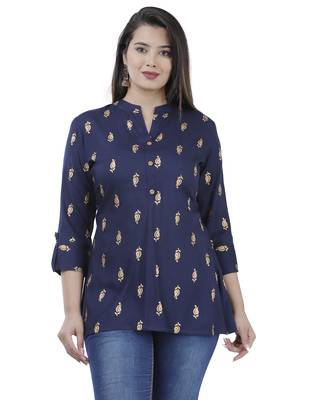 Navy blue gold print rayon top 1