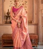 Peach & purple color banarasi silk woven saree with blouse