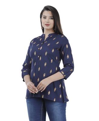 Navy blue gold print rayon top 3