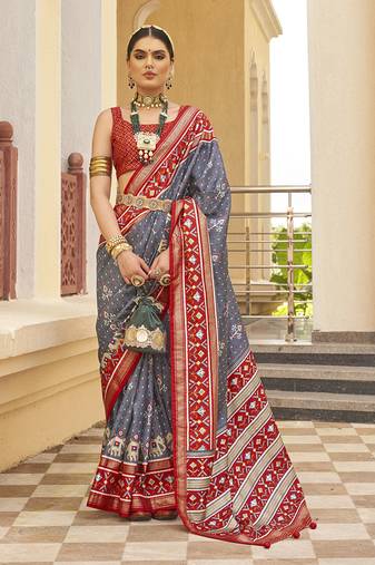 Dark Grey Colour Sigma Silk Blend Patola Printed Saree With Blouse