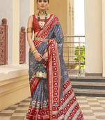 Dark Grey Colour Sigma Silk Blend Patola Printed Saree With Blouse