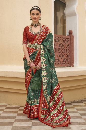Dark Green Colour Sigma Silk Blend Patola Printed Saree With Blouse