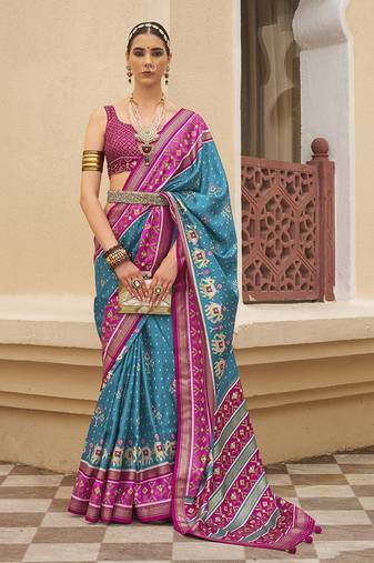 Blue & Rani Colour Sigma Silk Patola Printed Saree With Blouse
